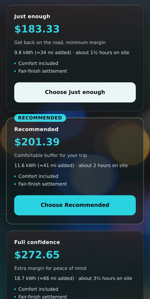 The quote screen: priced options, each with its kWh, added range and time on site.